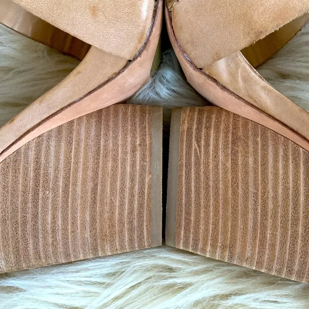Leon Max Tan Wedge Sandals Chunky Heel Ankle Straps 8.5 New Boho Beach Vacation